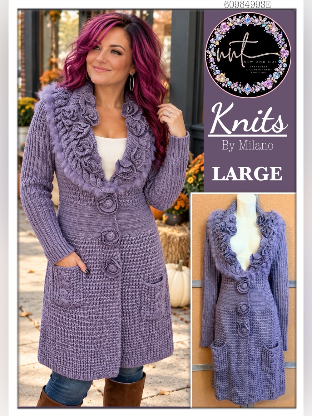 VTG Knits by Milano LARGE Purple Wool Blend Rabbit Fur Rosette Long Sweater Coat